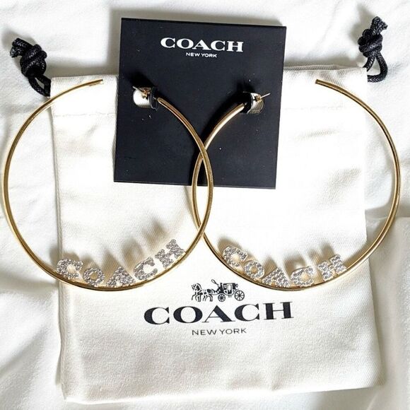 NWT Coach Signature Gold Big 3”Gold Polished Shinny Round Hoop Monogram Earrings - Picture 10 of 12